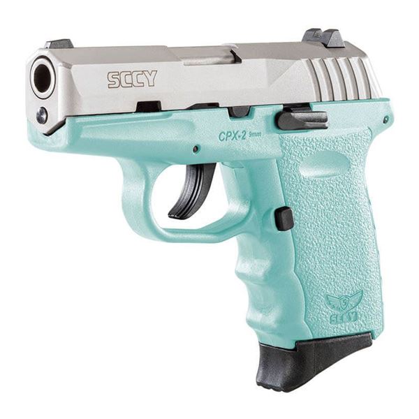 Picture of SCCY 9mm Semi Auto Pistol w/o Safety, Stainless Steel, Blue Grip