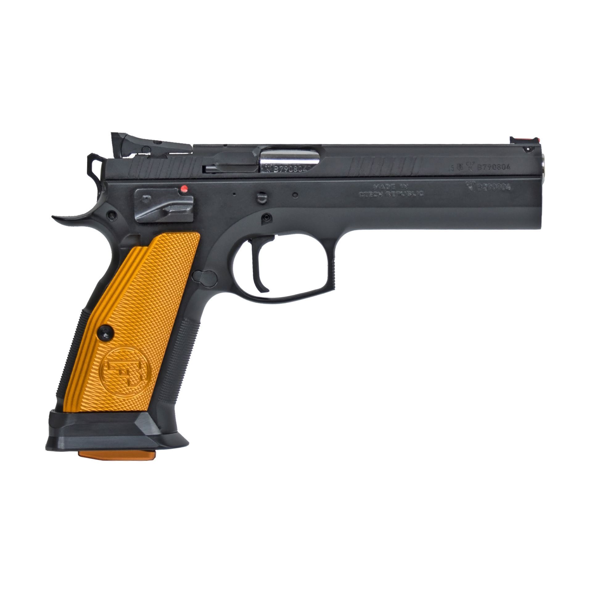CZ-USA 91260 CZ 75 Tactical Sport 40 S&W 5.23" 17+1 Overall Black Finish with Inside Railed Steel Slide, Orange Aluminum Grip & Non-Tilted Barrel